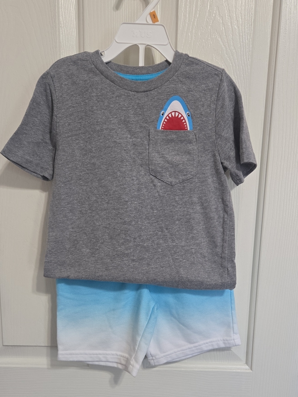 365 Kids grey shark shirt with matching blue ombre shorts